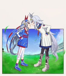 Rule 34 | 2girls, animal ears, black pantyhose, blue eyes, blue footwear, blue hairband, blue jacket, blue ribbon, blue sailor collar, boots, capri pants, closed mouth, commentary, day, dress, from side, grass, grey footwear, grey hair, grin, hair ornament, hair ribbon, hairband, hands on own hips, highres, horse ears, horse girl, horse tail, jacket, leaning forward, long hair, long sleeves, looking at another, medium dress, monmonmur, multiple girls, neckerchief, oguri cap (umamusume), open clothes, open jacket, outdoors, outside border, pants, pantyhose, red neckerchief, ribbon, sailor collar, shoes, smile, standing, tail, tamamo cross (umamusume), umamusume, white dress, white pants