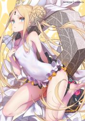 Rule 34 | 1girl, abigail williams (fate), abigail williams (swimsuit foreigner) (fate), abigail williams (swimsuit foreigner) (second ascension) (fate), bare shoulders, black bow, blonde hair, blue eyes, bow, braid, braided bun, breasts, casual one-piece swimsuit, commentary request, double bun, dress swimsuit, fate/grand order, fate (series), forehead, hair bun, hat, hong (white spider), long hair, making-of available, mitre, multiple bows, one-piece swimsuit, orange bow, parted bangs, sidelocks, small breasts, swimsuit, twintails, very long hair, white headwear, white one-piece swimsuit