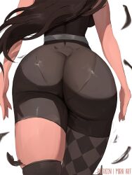 Rule 34 | 1girl, artist name, ass, ass focus, asymmetrical legwear, black hair, breasts, feathers, hololive, hololive english, huge ass, large breasts, long hair, mirai hikari, nerissa ravencroft, nerissa ravencroft (1st costume), panties visible through clothes, sideboob, simple background, solo, thick thighs, thighs, virtual youtuber