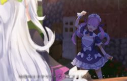Rule 34 | 2girls, anchor symbol, arm up, blurry, blurry foreground, check translation, clenched hand, closed eyes, commentary request, drill hair, hair ribbon, highres, hololive, konkito, light purple hair, long hair, maid headdress, minato aqua, minato aqua (1st costume), minecraft, multicolored hair, multiple girls, murasaki shion, open mouth, purple hair, ribbon, translated, translation request, twin drills, virtual youtuber