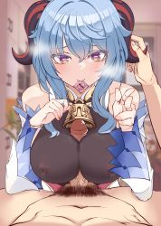 Rule 34 | 1boy, 1girl, absurdres, bare shoulders, bell, blue hair, blush, breasts, breasts squeezed together, clothed female nude male, condom, condom in mouth, covered erect nipples, detached sleeves, eaglov, ganyu (genshin impact), genshin impact, hetero, highres, horns, lactation, lactation through clothes, large breasts, long hair, looking at viewer, mouth hold, neck bell, no gloves, nude, paizuri, paizuri over clothes, penis, pubic hair, purple eyes, sidelocks, smile, touching another&#039;s horn, uncensored, upper body, white sleeves