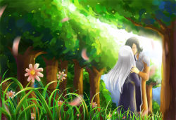 Rule 34 | 00s, 1boy, 1girl, allelujah haptism, brown hair, couple, day, flower, forest, gundam, gundam 00, hetero, holding, kiss, long hair, nature, outdoors, plant, silver hair, soma peries, sunlight, tree, very long hair, w rong