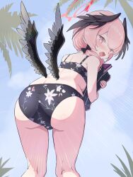 Rule 34 | 1girl, ass, bag, bikini, black bikini, black bow, black wings, blue archive, blush, book, bow, day, feathered wings, floral print, from behind, hair bow, halo, head wings, highres, hugging object, koharu (blue archive), koharu (swimsuit) (blue archive), long hair, looking at viewer, looking back, low twintails, low wings, official alternate costume, oozumi 03, outdoors, pink eyes, pink hair, print bikini, solo, swimsuit, twintails, wings