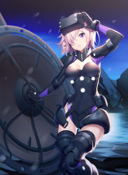 Rule 34 | 1girl, arm up, armor, black armor, black gloves, black leotard, black sky, black thighhighs, blue sky, breasts, breasts apart, commentary request, eyes visible through hair, fate/grand order, fate (series), gloves, gorget, gradient sky, hair over one eye, head-mounted display, head tilt, highres, holding, holding shield, large breasts, leotard, looking at viewer, mash kyrielight, mash kyrielight (ortenaus), motion blur, mountain, night, night sky, outdoors, parted lips, pink hair, purple eyes, ririko (zhuoyandesailaer), shield, short hair, sky, smile, snowing, solo, standing, thighhighs, water