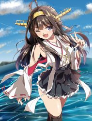 Rule 34 | 10s, 1girl, ;d, ahoge, blue eyes, boots, brown hair, hairband, highres, japanese clothes, kantai collection, kongou (kancolle), long hair, nonohachi, nontraditional miko, one eye closed, open mouth, ribbon-trimmed sleeves, ribbon trim, smile, solo, thigh boots, thighhighs, v