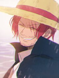 1boy ^_^ beard_stubble black_cape cape chromatic_aberration closed_eyes facial_hair hat male_focus one_piece potechi_norisio red_hair scar scar_on_face shanks_(one_piece) short_hair smile solo straw_hat stubble upper_body