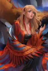 Rule 34 | 1girl, blonde hair, blue eyes, breasts, cleavage, face, medium breasts, original, sakimichan, sitting, solo, unfinished