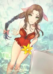 Rule 34 | 1girl, aerith gainsborough, bow, braid, breasts, brown hair, chair, cleavage, covered navel, fadingz, final fantasy, final fantasy vii, flower, folding chair, green eyes, hair bow, highres, long braid, looking at viewer, medium breasts, one-piece swimsuit, parted lips, pink bow, red one-piece swimsuit, solo, swimsuit, yellow flower