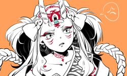 Rule 34 | 1girl, anger vein, annoyed, bandaid, bandaid on face, bandaid on forehead, collarbone, confused, earrings, facial mark, fate/grand order, fate (series), hair ornament, horns, ibaraki douji (fate), jewelry, long hair, looking at viewer, orange background, parted lips, partially colored, simple background, solo, speech bubble, spoken anger vein, spot color, tattoo, tenobe, third eye