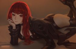 Rule 34 | artist name, ass, black jacket, black leotard, coattails, frilled sleeves, frills, hair down, hand on own face, highres, jacket, legs up, leotard, light blush, looking at viewer, lying, on stomach, persona, persona 5, persona 5 the royal, raidouart, red eyes, red hair, solo, yoshizawa kasumi