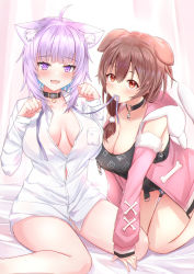 Rule 34 | 2girls, :d, absurdres, ahoge, alternate costume, animal ear fluff, animal ears, animal print, bare legs, bed sheet, black choker, black shirt, blue hair, blush, breast pocket, breasts, brown hair, buckle, cat ears, choker, cleavage, closed mouth, collar, collarbone, collared shirt, colored inner hair, detached sleeves, dog ears, dog print, dress shirt, fur-trimmed sleeves, fur trim, hair over shoulder, heckler kai, highres, hololive, hood, hood down, inugami korone, inugami korone (loungewear), kneeling, large breasts, long hair, long sleeves, low ponytail, mouth hold, multicolored hair, multiple girls, naked shirt, nekomata okayu, nekomata okayu (oversized shirt), no bra, o-ring, o-ring choker, official alternate costume, on bed, open mouth, partially unbuttoned, paw pose, pocket, print shirt, purple eyes, purple hair, red eyes, shirt, short hair, sitting, smile, two-tone hair, virtual youtuber, wariza