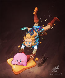 Rule 34 | &gt;:d, arrow (projectile), bettykwong, blonde hair, blue shirt, boots, flying, hanging on, kirby, kirby (series), link, nintendo, scared, shadow, sheikah slate, shield, shirt, speed lines, star (symbol), the legend of zelda, the legend of zelda: breath of the wild, v-shaped eyebrows, warp star