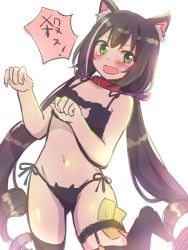 Rule 34 | animal ear fluff, animal ears, black bra, black panties, black thighhighs, blush, bra, brown hair, cat cutout, cat ear panties, cat ears, cat lingerie, cleavage cutout, clothing cutout, commentary request, frilled bra, frills, green eyes, groin, gucchiann, hands up, highres, karyl (princess connect!), long hair, low twintails, meme attire, multicolored hair, navel, no shoes, open mouth, panties, princess connect!, ringlets, side-tie panties, simple background, solo, standing, standing on one leg, streaked hair, tears, thighhighs, translated, twintails, underwear, underwear only, very long hair, white background, white hair