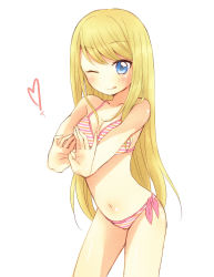 Rule 34 | 1girl, :q, ;q, bare shoulders, bikini, blonde hair, blue eyes, breasts, chloe lemaire, collarbone, girlfriend (kari), heart, highres, long hair, looking at viewer, medium breasts, navel, one eye closed, sa ioio, simple background, smile, solo, striped bikini, striped clothes, swimsuit, thighs, tongue, tongue out, white background, wink, you-1110