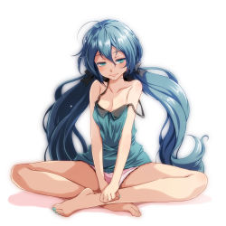 Rule 34 | 1girl, ahoge, aqua eyes, aqua hair, bare arms, bare legs, bare shoulders, barefoot, black ribbon, blue hair, breasts, camisole, cleavage, closed mouth, collarbone, full body, green ponpoko (module), hair ribbon, half-closed eyes, hatsune miku, highres, indian style, long hair, nail polish, naughty face, panties, pink panties, project diva (series), ribbon, simple background, sitting, small breasts, smile, solo, strap slip, toenail polish, toenails, tsukishiro saika, twintails, underwear, very long hair, vocaloid, white background
