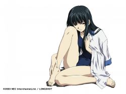 Rule 34 | 00s, 1girl, blouse, blue one-piece swimsuit, collared shirt, head rest, horibe hiderou, interlude, long legs, one-piece swimsuit, school swimsuit, shirt, shirt on shoulders, simple background, sitting, solo, swimsuit, wallpaper, watsuji aya, white background, white shirt