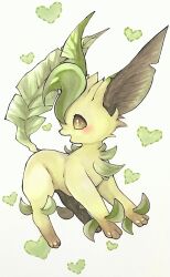 Rule 34 | animal focus, blush, brown eyes, creatures (company), full body, game freak, gen 4 pokemon, heart, heart background, highres, leaf, leafeon, looking to the side, mofu (moffuri sippo), nintendo, no humans, notched ear, open mouth, pokemon, pokemon (creature), solo, standing, traditional media, white background