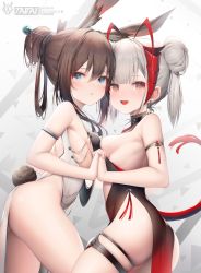 Rule 34 | 2girls, :d, aged down, amiya (arknights), animal ears, antennae, arknights, armpit crease, backless dress, backless outfit, bare shoulders, black bra, black dress, blue eyes, bra, breast press, breasts, brown hair, center opening, china dress, chinese clothes, commentary request, dress, fake tail, female focus, hair bun, hair ornament, hair rings, hairpin, highres, holding hands, horns, long hair, looking at viewer, multiple girls, no panties, open mouth, orange eyes, pelvic curtain, rabbit ears, rabbit tail, revealing clothes, sideboob, silver hair, single hair bun, skindentation, sleeveless, sleeveless dress, small breasts, smile, symmetrical docking, tail, taitai, thigh strap, thighs, twintails, underwear, w (arknights), white dress