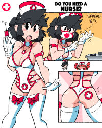 Rule 34 | 1girl, ass, black eyes, black hair, blush, bow, breasts, commentary, crab, english commentary, english text, feet out of frame, gloves, hand up, hat, highres, holding, holding syringe, jewelry, lucia (scott malin), mask, medium breasts, mouth mask, multiple views, necklace, nurse cap, one-piece swimsuit, open mouth, original, print mask, print swimsuit, red bow, scott malin, shadow, swimsuit, syringe, table, bow legwear, thighhighs, white gloves, white one-piece swimsuit, white thighhighs