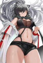 Rule 34 | 1girl, absurdres, animal ear fluff, animal ears, arknights, bare shoulders, black scarf, black shorts, breasts, cat ears, chinese commentary, cleavage, commentary request, covered erect nipples, cowboy shot, crop top, female focus, from below, hair over one eye, he c92, highres, jacket, large breasts, long hair, long sleeves, looking at viewer, micro shorts, midriff, navel, off shoulder, scarf, schwarz (arknights), shorts, silver hair, simple background, solo, standing, stomach, thighs, white background, white jacket, yellow eyes