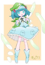 Rule 34 | 1girl, :3, absurdres, aqua eyes, backpack, bag, black ribbon, blue footwear, blue hair, blue pupils, blue shirt, blue skirt, blunt bangs, boots, border, cocokana, collared shirt, cucumber, flat cap, food-themed background, frilled shirt collar, frills, green bag, green hat, hair bobbles, hair ornament, hands up, hat, highres, holding strap, kawashiro nitori, key, legs apart, long sleeves, looking at viewer, medium hair, neck ribbon, no nose, orange background, outside border, pale color, parted lips, petticoat, pigeon-toed, pocket, puffy long sleeves, puffy sleeves, ribbon, rubber boots, shirt, skirt, skirt set, solo, standing, touhou, two side up, undershirt, w arms, white border