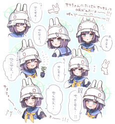 Rule 34 | 1girl, absurdres, black gloves, blue archive, blue eyes, blue sailor collar, bright pupils, commentary request, expressions, gloves, halo, helmet, highres, hyakucha, long sleeves, looking at viewer, multiple views, neckerchief, open mouth, purple hair, sailor collar, saki (blue archive), school uniform, serafuku, short hair, smile, sparkling eyes, speech bubble, sweatdrop, upper body, white pupils, yellow neckerchief