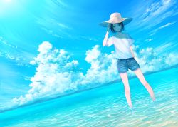 Rule 34 | 1girl, absurdres, black hair, blue theme, cloud, commentary request, day, denim, denim shorts, hat, highres, horizon, ocean, original, outdoors, remon (sato), scenery, shirt, short hair, shorts, sky, solo, straw hat, t-shirt, wading, water, wet, white shirt, wide shot