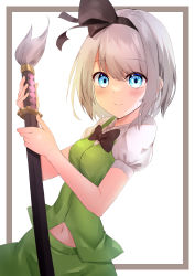 Rule 34 | 1girl, absurdres, black hairband, blue eyes, blush, closed mouth, commentary request, cowboy shot, fhak2525, framed, green skirt, green vest, hair between eyes, hairband, highres, holding, holding sword, holding weapon, katana, konpaku youmu, leaning back, looking at viewer, navel, puffy short sleeves, puffy sleeves, shirt, short hair, short sleeves, silver hair, skirt, solo, sword, touhou, vest, weapon, white background, white shirt