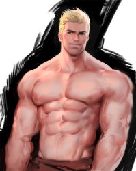 Rule 34 | 1boy, abs, bara, blonde hair, blue eyes, closed mouth, dopey (dopq), large pectorals, male focus, muscular, muscular male, navel, nipples, overwatch, overwatch 1, pectorals, short hair, sideburns, soldier: 76 (overwatch), solo, spiked hair, strike commander morrison, topless male, upper body