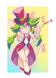 Rule 34 | 1girl, animal ears, blush stickers, breasts, fleur de lynx, green hair, hat, heart, heart-shaped pupils, highres, leotard, mad rat dead, mouse (animal), mouse ears, mouse girl, mouse tail, nippon ichi, rat god, red eyes, symbol-shaped pupils, tail, tie clip, top hat, wrist cuffs