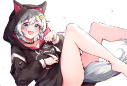 Rule 34 | 1girl, :d, animal ears, animal hood, barefoot, black hoodie, blue eyes, blush, cat ears, commentary request, drawstring, facial mark, fake animal ears, fang, feet out of frame, flower, grey hair, hair between eyes, hair flower, hair ornament, highres, hood, hood up, hoodie, horse ears, horse hood, horse tail, legs up, long sleeves, looking at viewer, misoni (mi so ni t), open mouth, puffy long sleeves, puffy sleeves, seiun sky (umamusume), signature, simple background, smile, solo, tail, umamusume, whisker markings, white background, yellow flower