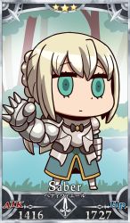 Rule 34 | 1boy, armor, bedivere (fate), blonde hair, braid, chibi, clenched hand, fate/grand order, fate (series), french braid, full body, gauntlets, green eyes, highres, male focus, official art, riyo (lyomsnpmp), solo, spikes, standing