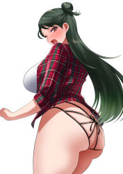 Rule 34 | 1girl, absurdres, ass, backless panties, black hair, blush, breasts, brown eyes, commission, earrings, fang, from behind, gradient hair, green hair, hair bun, highres, idolmaster, idolmaster cinderella girls, jewelry, kirino aya, large breasts, long hair, looking back, multicolored hair, nose blush, open mouth, panties, pixiv commission, plaid, plaid shirt, red shirt, ricochet-gou, ringed eyes, shirt, simple background, single hair bun, skin fang, sleeves pushed up, sleeves rolled up, solo, stud earrings, thighs, underwear, very long hair, wavy mouth, white background, white shirt, wince