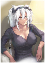 Rule 34 | 1girl, alternate costume, black sweater, blush, breasts, cleavage, covered erect nipples, dark-skinned female, dark skin, glasses, hair between eyes, highres, kantai collection, large breasts, long hair, looking at viewer, musashi (kancolle), musashi kai ni (kancolle), non (nonzile), open mouth, platinum blonde hair, red eyes, ribbed sweater, rimless eyewear, short hair with long locks, sitting, solo, sweater, very long hair