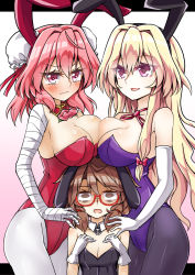 Rule 34 | 3girls, :d, ahoge, alternate costume, animal ears, asymmetrical docking, bandaged arm, bandages, bare shoulders, black hairband, black legwear, blonde hair, blush, bow, breast envy, breast press, breast rest, breasts, breasts on head, brown eyes, brown hair, bun cover, choker, cleavage, commentary request, cowboy shot, detached collar, double bun, elbow gloves, empty eyes, fake animal ears, flower, glasses, gloves, gradient background, groin, hair between eyes, hair bow, hair bun, hair intakes, hair ribbon, hairband, hands on own chest, highres, ibaraki kasen, keyaki chimaki, large breasts, leotard, letterboxed, long hair, looking at viewer, low twintails, multiple girls, no headwear, open mouth, outside border, pantyhose, pink background, pink eyes, pink flower, pink hair, pink rose, playboy bunny, purple eyes, rabbit ears, red-framed eyewear, red bow, red choker, red hairband, red ribbon, ribbon, ribbon choker, rose, short hair, sidelocks, small breasts, smile, standing, tears, thighs, touhou, twintails, upper body, usami sumireko, v-shaped eyebrows, very long hair, white background, white gloves, white legwear, yakumo yukari