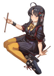 1girl absurdres ahoge awa_subaru belt belt_buckle black_belt black_dress black_footwear black_hair blue_nails blush bow bowtie bracelet buckle commentary dress drumsticks flower full_body geng99161 girls_band_cry hair_bun hair_flower hair_ornament highres holding holding_drumsticks jewelry kuuhaku_to_catharsis long_hair looking_at_viewer multicolored_nails nail_polish obi open_mouth orange_bow orange_bowtie orange_nails orange_pantyhose pantyhose parted_bangs pink_nails purple_eyes sash sidelocks simple_background single_side_bun solo striped_bow striped_bowtie striped_clothes studded_bracelet tasuki white_background