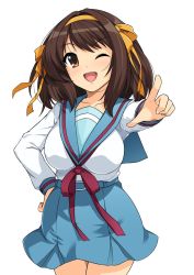 Rule 34 | 1girl, :d, ;d, blue sailor collar, blue skirt, breasts, brown eyes, brown hair, collarbone, commentary, cowboy shot, hairband, hand on own hip, haruhisky, highres, index finger raised, kita high school uniform, large breasts, light blush, long sleeves, looking at viewer, medium hair, one eye closed, open mouth, pointing, pointing at viewer, ribbon, sailor collar, school uniform, serafuku, simple background, skirt, smile, solo, suzumiya haruhi, suzumiya haruhi no yuuutsu, white background, yellow hairband
