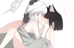 Rule 34 | 2girls, animal ears, black hair, black horns, blue archive, blush, cat ears, colored inner hair, commentary, ear piercing, from side, grey halo, halo, hand on another&#039;s cheek, hand on another&#039;s face, highres, horns, kayoko (blue archive), kazusa (blue archive), korean commentary, long hair, multicolored hair, multiple girls, piercing, pink hair, pink halo, short hair, simple background, smsm516, white background, white hair, yuri