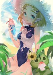 Rule 34 | 1girl, alternate costume, aqua eyes, bare legs, beach, blonde hair, blue one-piece swimsuit, blue sky, blurry, blush, breasts, closed mouth, cloud, cloudy sky, commentary, day, depth of field, drink, drinking straw, earrings, eyelashes, floral print, flower, food, glint, hair ornament, hairclip, hat, highres, holding, holding drink, ice cream, jewelry, korok, leaf, lips, looking at viewer, medium breasts, nintendo, one-piece swimsuit, outdoors, parted bangs, pointy ears, princess zelda, shaved ice, short hair, shuri (84k), sitting, sky, sleeveless, smile, solo focus, sparkle, straw hat, sundae, sunflower, swimsuit, symbol-only commentary, the legend of zelda, the legend of zelda: breath of the wild, the legend of zelda: tears of the kingdom, thick eyebrows, thighs, triforce, turtleneck, twitter username, two-tone swimsuit, white one-piece swimsuit