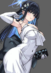 Rule 34 | 1girl, arm up, bag, black hair, blue archive, blue halo, blunt bangs, cenangam, colored inner hair, covered navel, cowboy shot, dress, elbow gloves, gloves, hair ornament, halo, hand in own hair, handbag, highres, holding, holding bag, long hair, multicolored hair, official alternate costume, saori (blue archive), simple background, sketch, sleeveless, sleeveless dress, strapless, strapless dress, white dress, white gloves