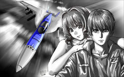 Rule 34 | 1boy, 1girl, aircraft, airplane, canopy (aircraft), collarbone, f/a-18e super hornet, fighter jet, hair intakes, hand on another&#039;s shoulder, highres, jacket, jet, jinguuji marimo, leather, leather jacket, light smile, looking at viewer, military, military vehicle, motion blur, muv-luv, ocean, parody, parted lips, popgun (22882502), shirogane takeru, shirt, short hair, spot color, tank top, top gun, vehicle focus