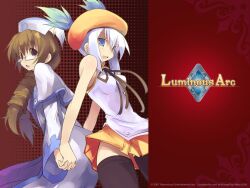 Rule 34 | 2girls, bare shoulders, blue eyes, breasts, brown hair, cecille, copyright name, english text, glasses, hand grab, hat, long hair, lucia (luminous arc), luminous arc, medium breasts, multiple girls, official art, robe, skirt, thighhighs, third-party source, white hair