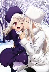 Rule 34 | 2girls, absurdres, age difference, boots, closed eyes, coat, day, fate/stay night, fate/zero, fate (series), fur hat, hat, highres, holding hands, illyasviel von einzbern, irisviel von einzbern, kiss, long hair, megami magazine, mother and daughter, multiple girls, non-web source, official art, one eye closed, open mouth, outdoors, pantyhose, purple hat, red eyes, silver hair, snow, thigh boots, thighhighs, tsuji masatoshi, very long hair, wink, winter
