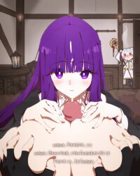 Rule 34 | 1boy, 2girls, animated, animated gif, blush, breasts, bright pupils, chibi, cum, ejaculation, elf, facial, fern (sousou no frieren), fingerless gloves, frieren, gloves, grabbing, grabbing another&#039;s breast, head steam, highres, huge breasts, looking at viewer, looping animation, mage staff, multiple girls, paizuri, penis, pointy ears, pov, purple eyes, purple hair, sousou no frieren, stark (sousou no frieren), walk-in, wawa (lingomogu), white pupils