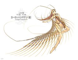 Rule 34 | 1girl, antennae, barefoot, blonde hair, carapace, commentary request, earrings, flat chest, full body, grey eyes, hair pulled back, highres, house centipede, arthropod girl, jewelry, jun075, long eyelashes, long hair, looking at viewer, navel, original, personification, revealing clothes, solo, white background