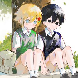 2boys antenna_hair basil_(faraway)_(omori) basil_(omori) black_eyes black_footwear black_hair black_sweater_vest blonde_hair blue_eyes brown_shorts collared_shirt flower flying_sweatdrops grass green_sweater_vest hair_flower hair_ornament highres holding_hands male_focus multiple_boys omori shirt short_hair short_sleeves shorts sitting socks sunny_(omori) sweater_vest tree ttyyuwwuw white_shirt white_socks