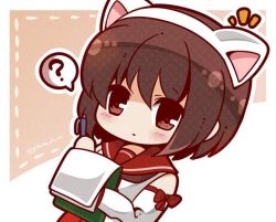 Rule 34 | 10s, 1girl, ?, animal ears, bare shoulders, bloom2425, blush, brown eyes, brown hair, cat ears, check commentary, chibi, clipboard, commentary request, detached sleeves, fake animal ears, hair ornament, hairband, holding, holding pen, japanese clothes, kantai collection, looking at viewer, miko, natori (kancolle), pen, ribbon, school uniform, serafuku, short hair, solo, speech bubble, spoken question mark, twitter username