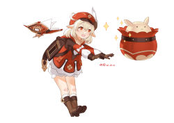 Rule 34 | 1girl, :d, ahoge, backpack, bag, bent over, bloomers, book, boots, brown footwear, brown gloves, brown scarf, cabbie hat, coat, commentary request, floating, floating object, full body, genshin impact, gloves, hair between eyes, hat, hat feather, hat ornament, jumpy dumpty, klee (genshin impact), knee boots, kneehighs, light brown hair, long hair, low twintails, open mouth, orange eyes, pocket, pointy ears, randoseru, red coat, red hat, scarf, shui qian he kafei, sidelocks, simple background, smile, socks, solo, throwing, twintails, underwear, white background