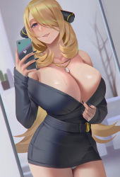 Rule 34 | 1girl, alternate costume, bad id, bad pixiv id, bare shoulders, black nails, black shirt, blonde hair, blurry, blurry background, breasts, cellphone, cleavage, commentary, creatures (company), cynthia (pokemon), english commentary, game freak, gold necklace, hair ornament, hair over one eye, heart, heart-shaped pupils, holding, holding phone, jewelry, large breasts, lips, long hair, looking at viewer, microskirt, miniskirt, mirror, nail polish, necklace, nintendo, no pants, off-shoulder shirt, off shoulder, panties, pantyshot, parted lips, pencil skirt, phone, pink eyes, pokemon, pokemon dppt, reflection, selfie, shirt, skindentation, skirt, smartphone, solo, sweat, symbol-shaped pupils, tight clothes, underwear, unfairr, very long hair, white panties