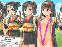 Rule 34 | 5girls, black hair, blunt bangs, clipboard, cowboy shot, day, female focus, headband, himeshaga, long hair, multiple girls, navel, obi, one-piece swimsuit, open mouth, original, outdoors, parted bangs, pink one-piece swimsuit, pink slingshot swimsuit, sash, side ponytail, slingshot (weapon), slingshot swimsuit, standing, swimsuit, translated, undressing, wide-eyed
